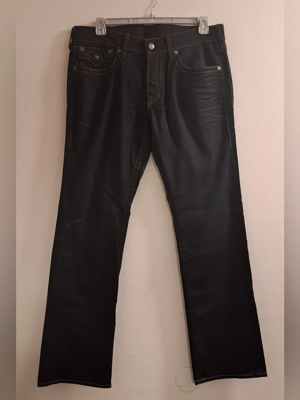 TRUE RELIGION RICKY Mens Flap Pockets Straight Black Denim Jeans 36x32